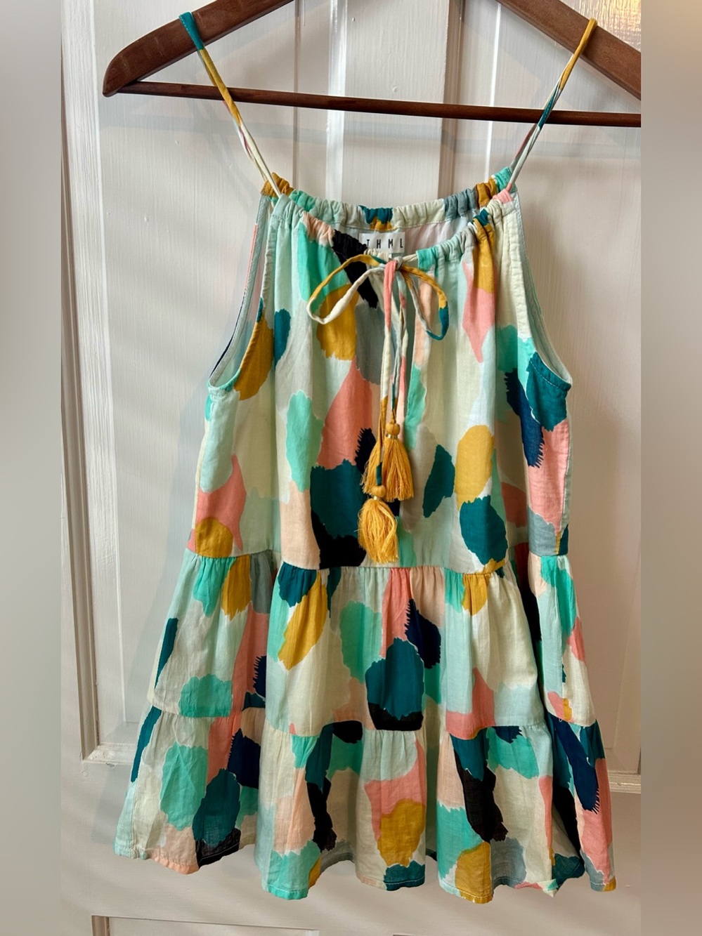 THML Boho Multicolor Print Cotton Ruffle Tank Top Spaghetti Strap Tassel Sz XS